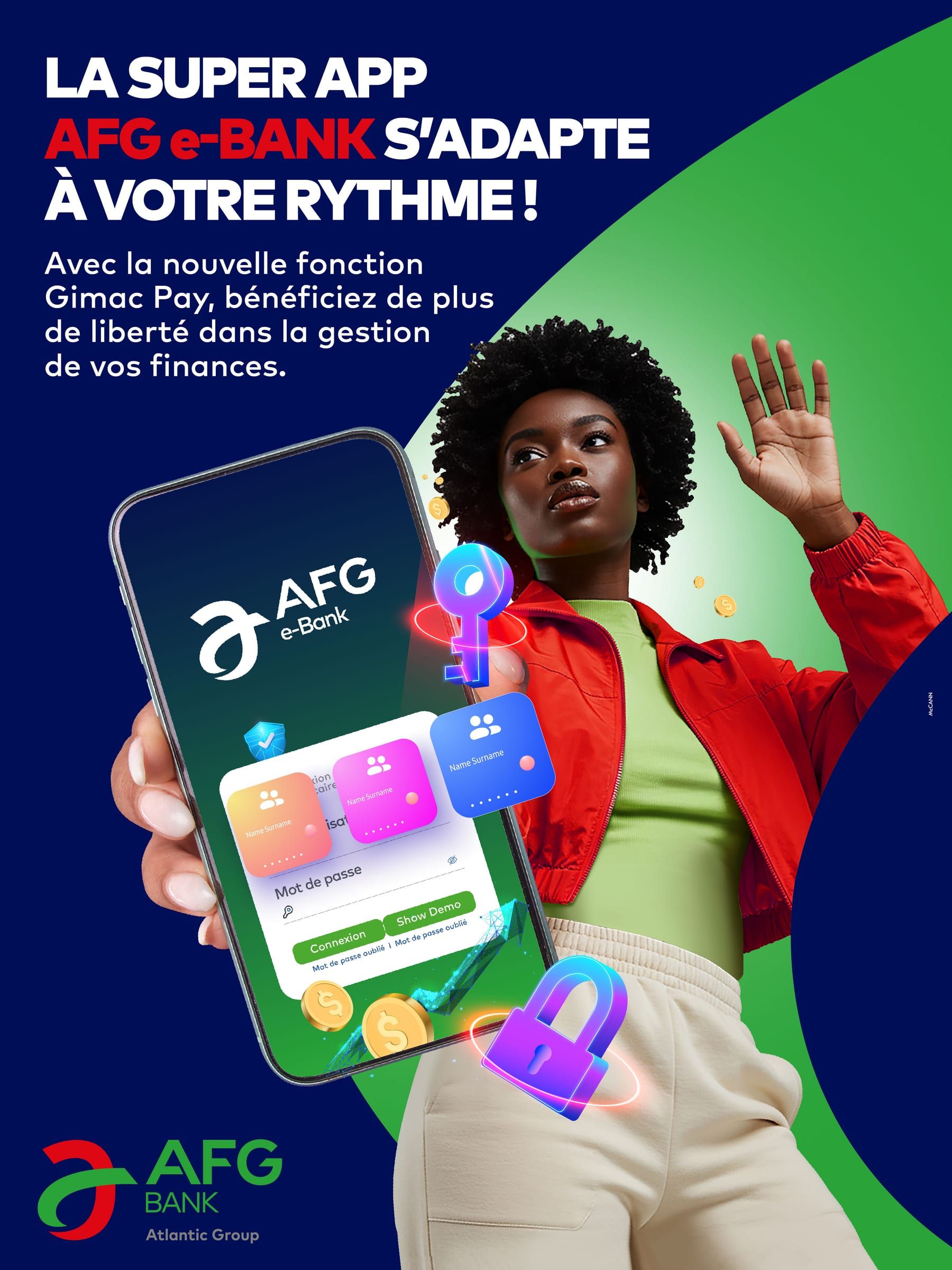 Affiche « La super app AFG e-Bank s'adapte à votre rythme ! » : une jeune femme en veste rouge brandit un smartphone affichant l'application.