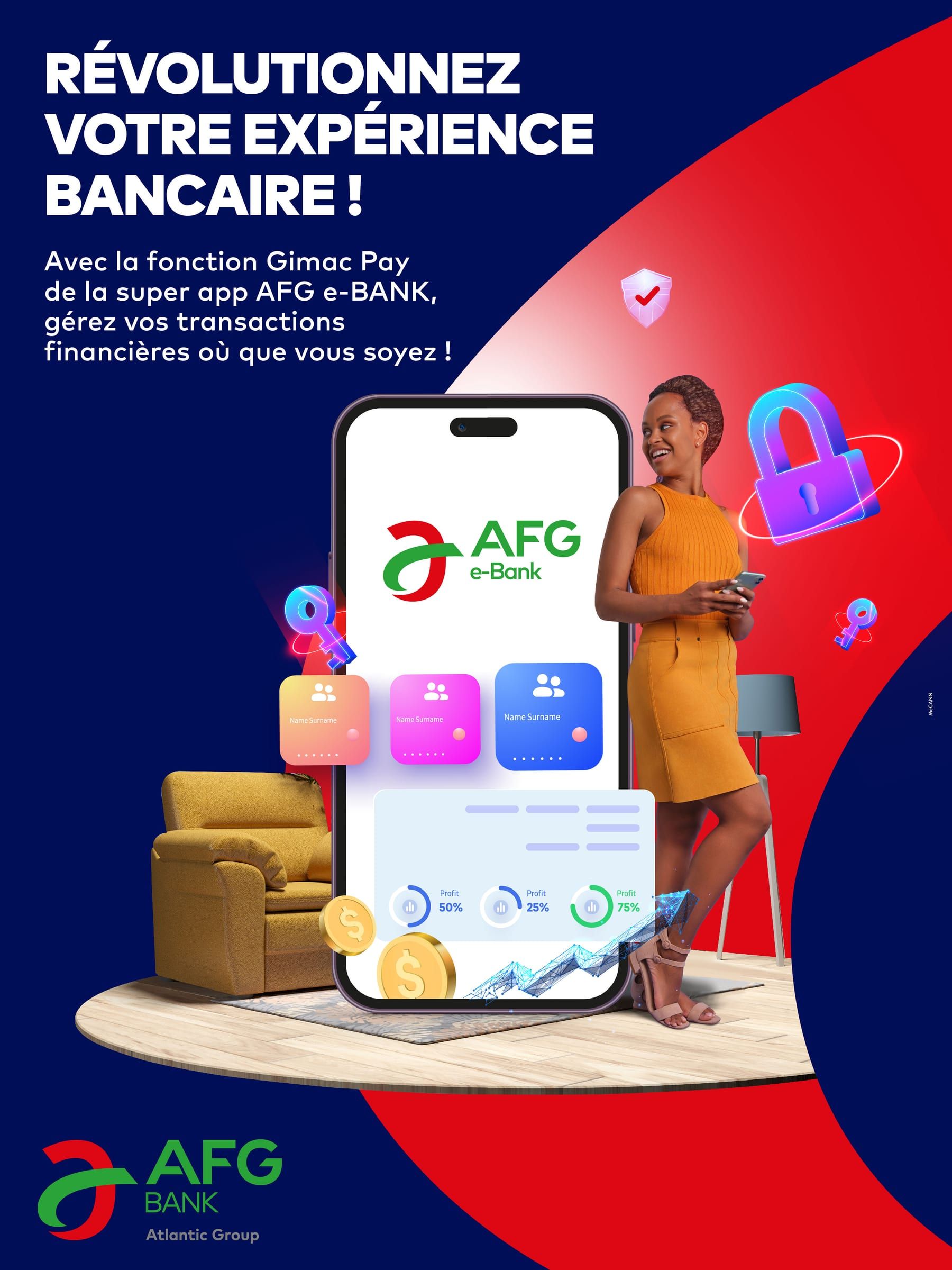 Affiche « Révolutionnez votre expérience bancaire ! » : une jeune femme en robe orange, téléphone en main, à côté de l'application géante.