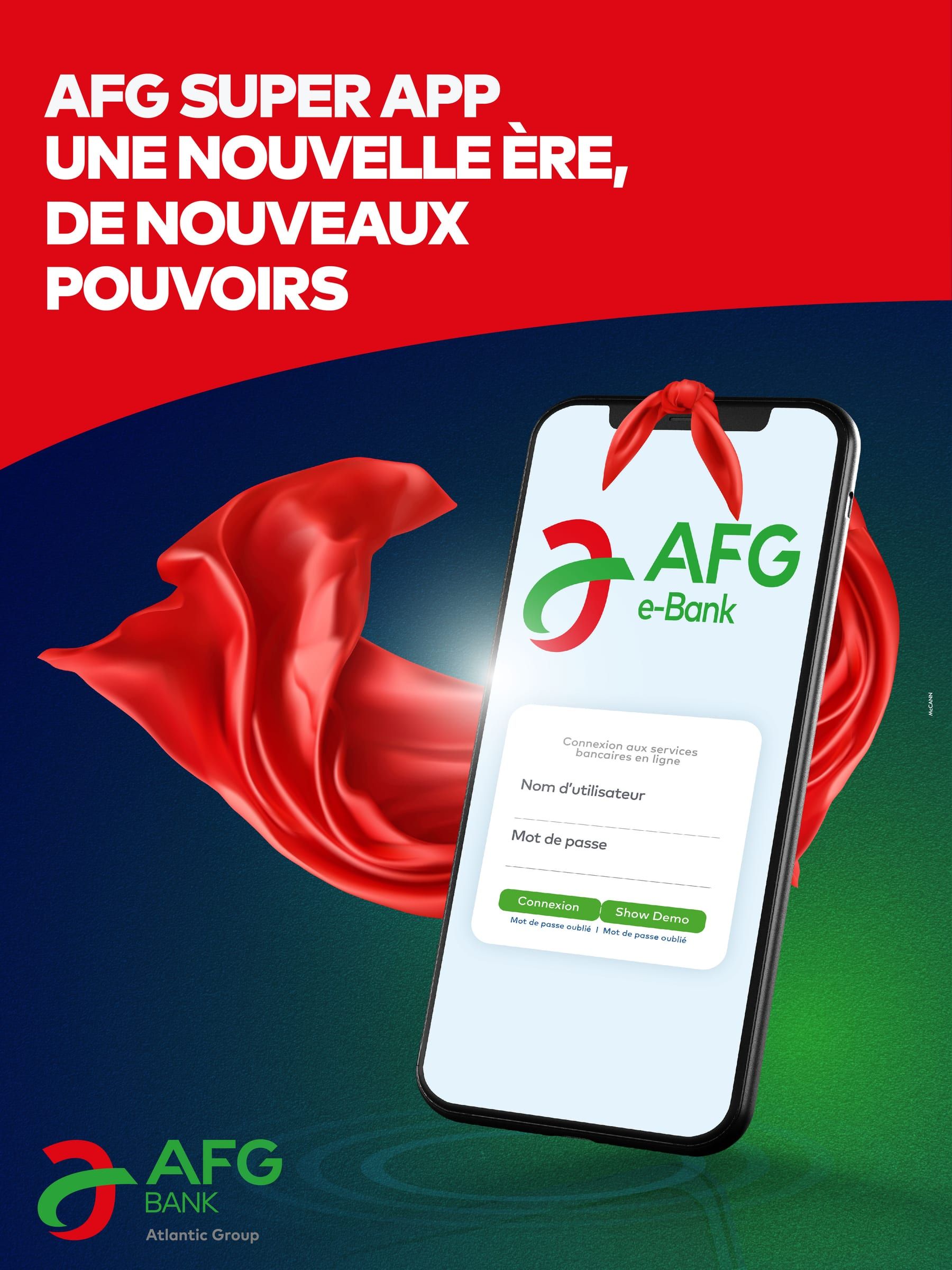 Affiche « AFG Super App, une nouvelle ère, de nouveaux pouvoirs » : un smartphone drapé d'une cape rouge de super-héros sur fond vert.