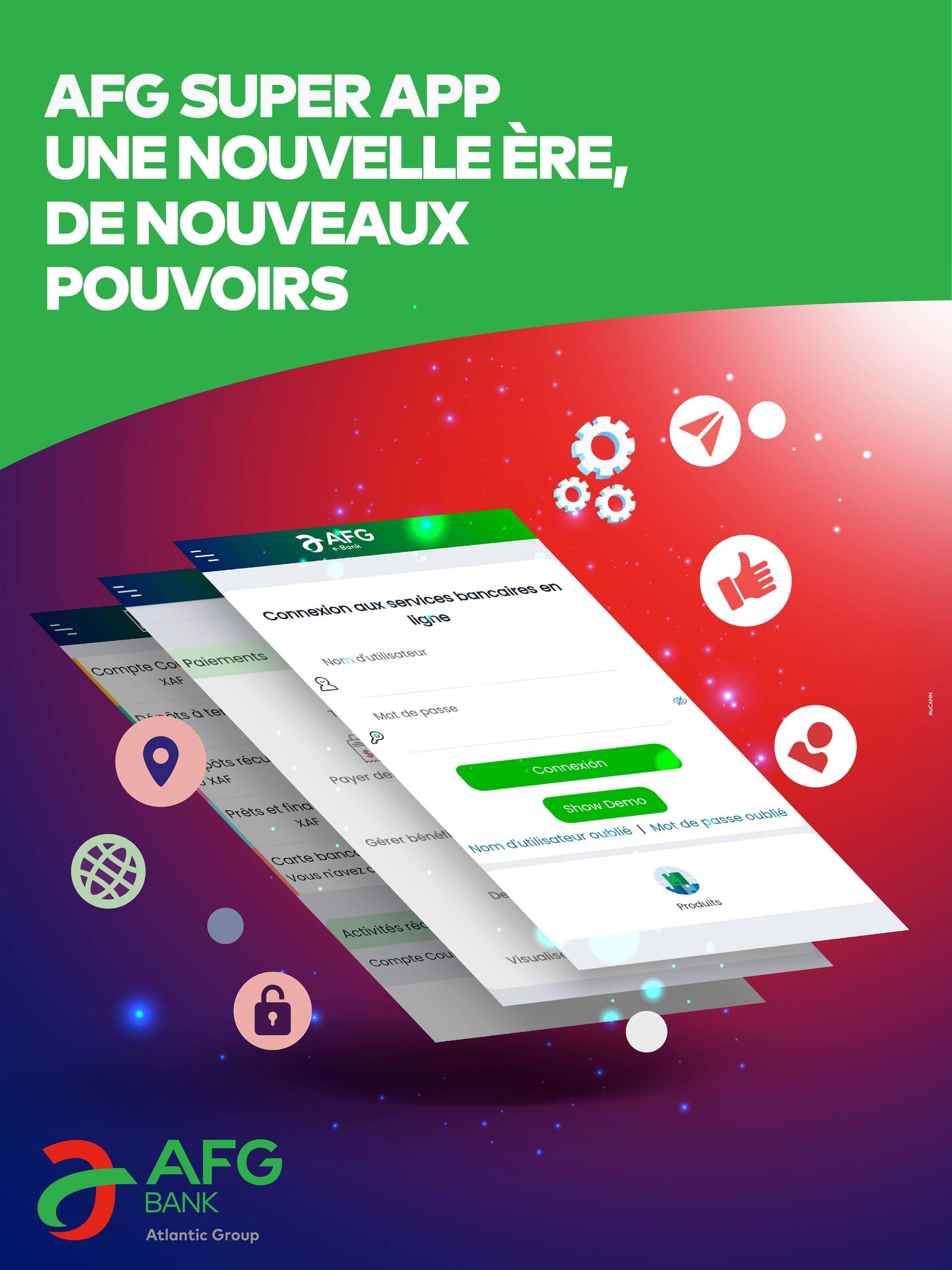 Affiche « AFG Super App, une nouvelle ère, de nouveaux pouvoirs » : les écrans de connexion de l'application flottent parmi des icônes de services.