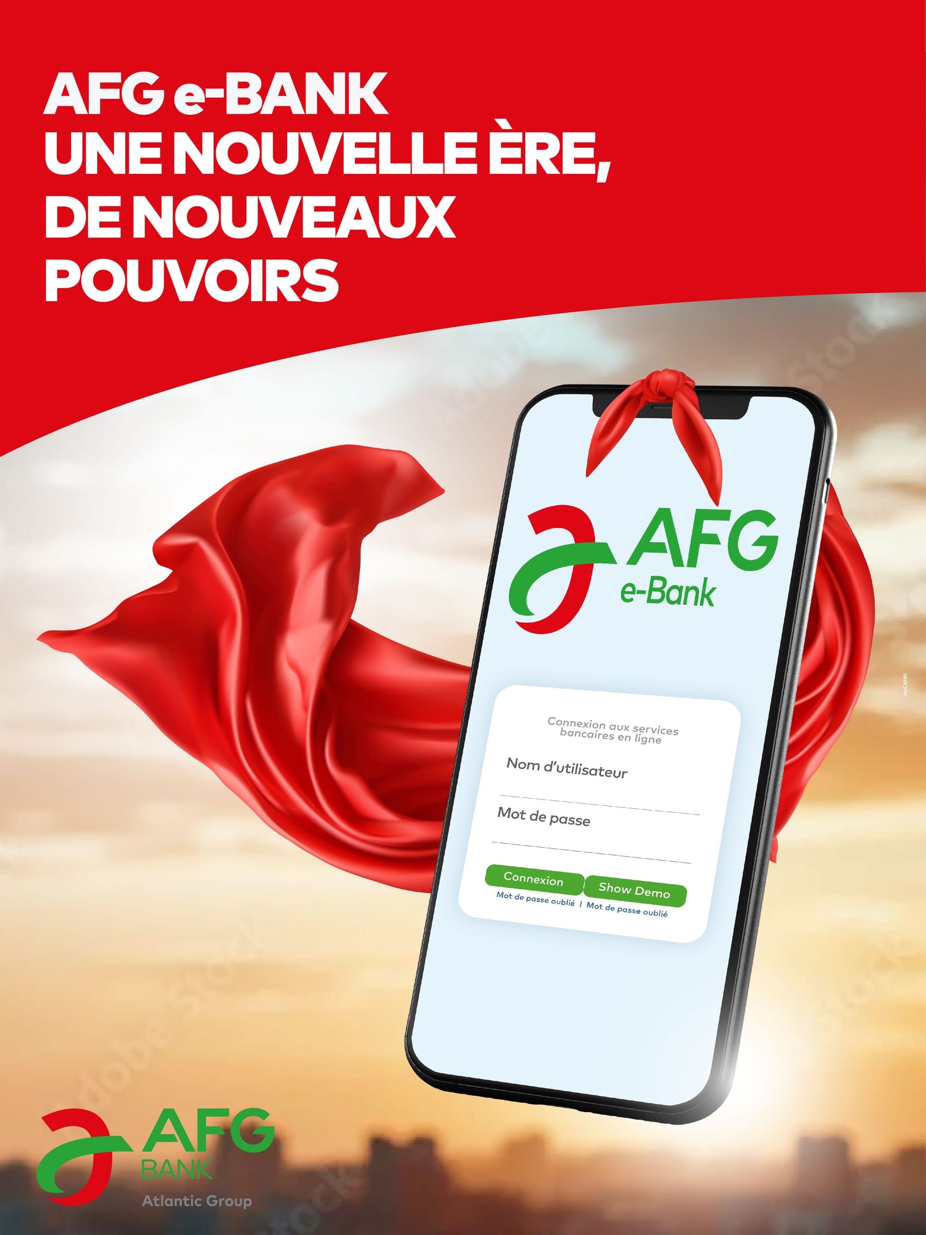 Affiche « AFG e-Bank, une nouvelle ère, de nouveaux pouvoirs » : le smartphone à cape rouge devant un ciel de coucher de soleil.