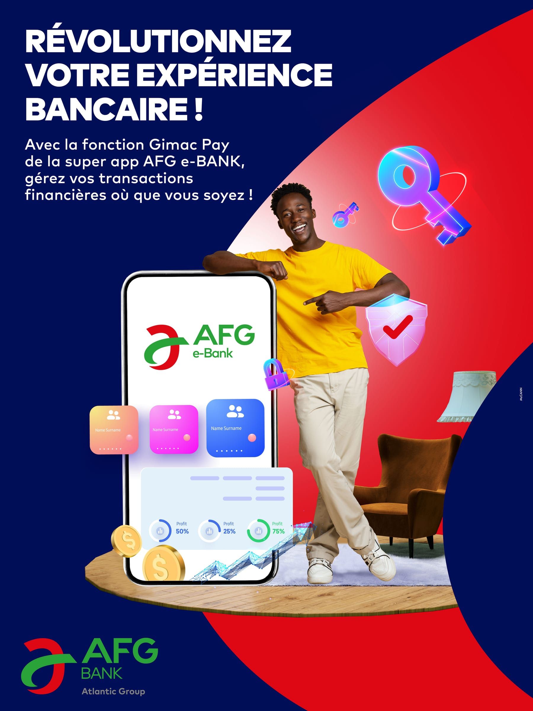 Affiche AFG e-Bank « Révolutionnez votre expérience bancaire ! » : un jeune homme en t-shirt jaune pose à côté d'un smartphone géant affichant l'application.