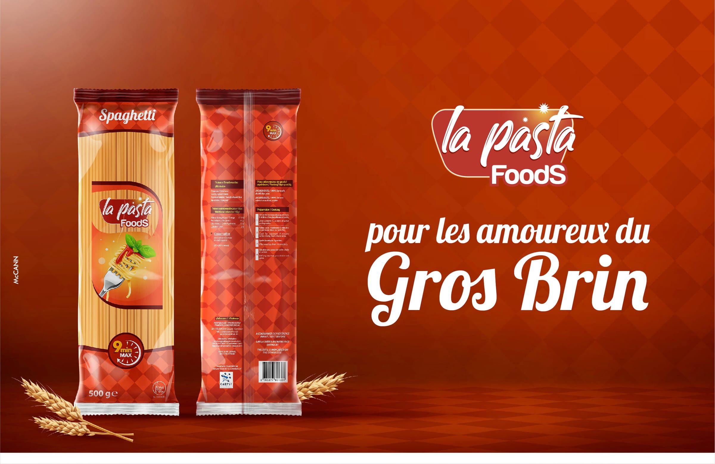 Visuel La Pasta Foods « pour les amoureux du gros brin » : recto et verso d'un paquet de spaghetti de 500 g sur fond orangé.