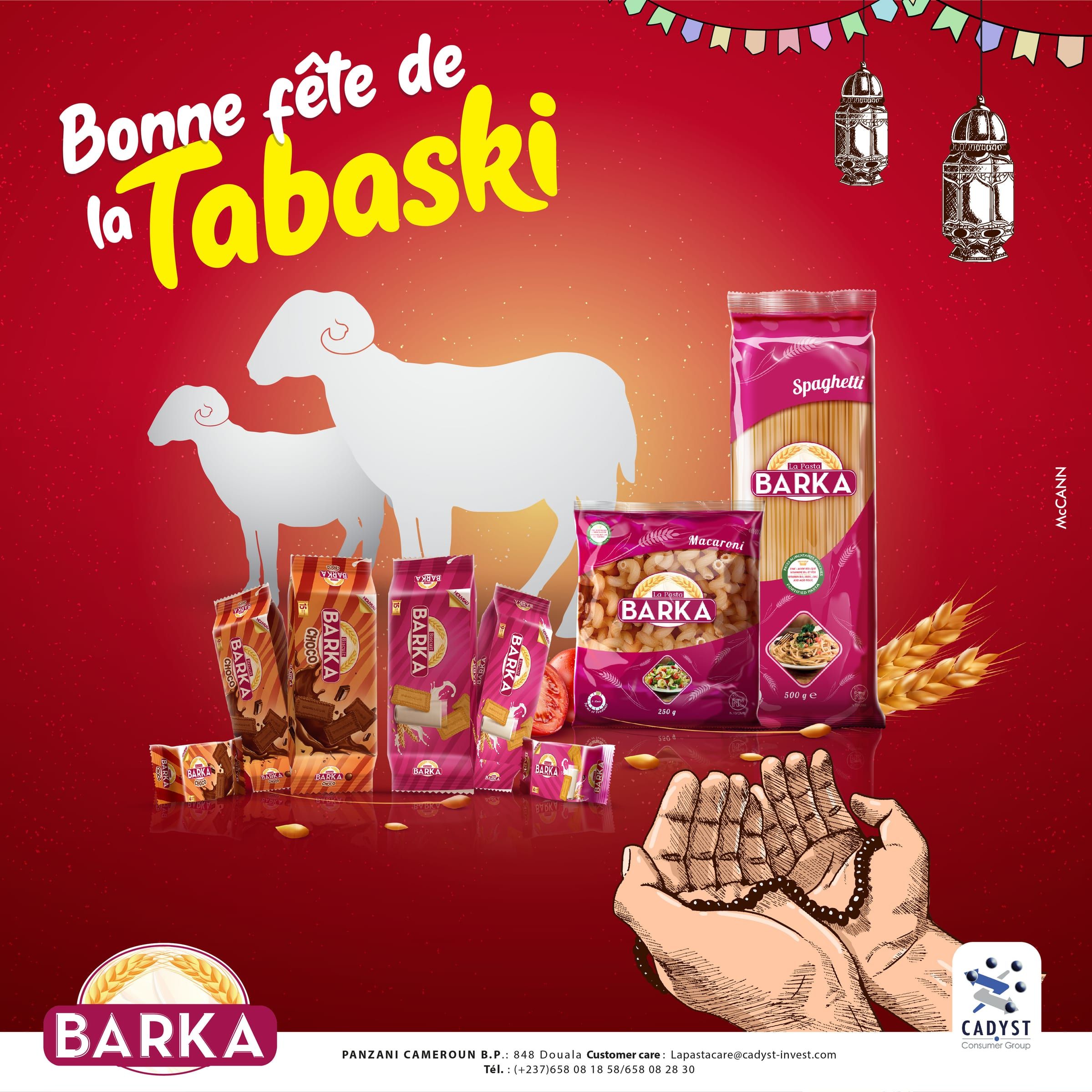 Visuel « Bonne fête de la Tabaski » : silhouettes de moutons, gamme de pâtes Barka et mains en prière sous des guirlandes et des lanternes.