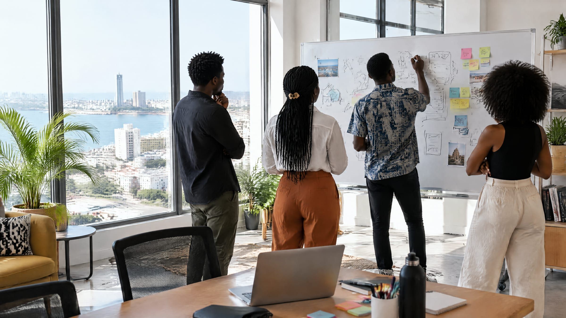 Bureau lumineux à Dakar avec une équipe créative devant un tableau blanc (visuel placeholder)