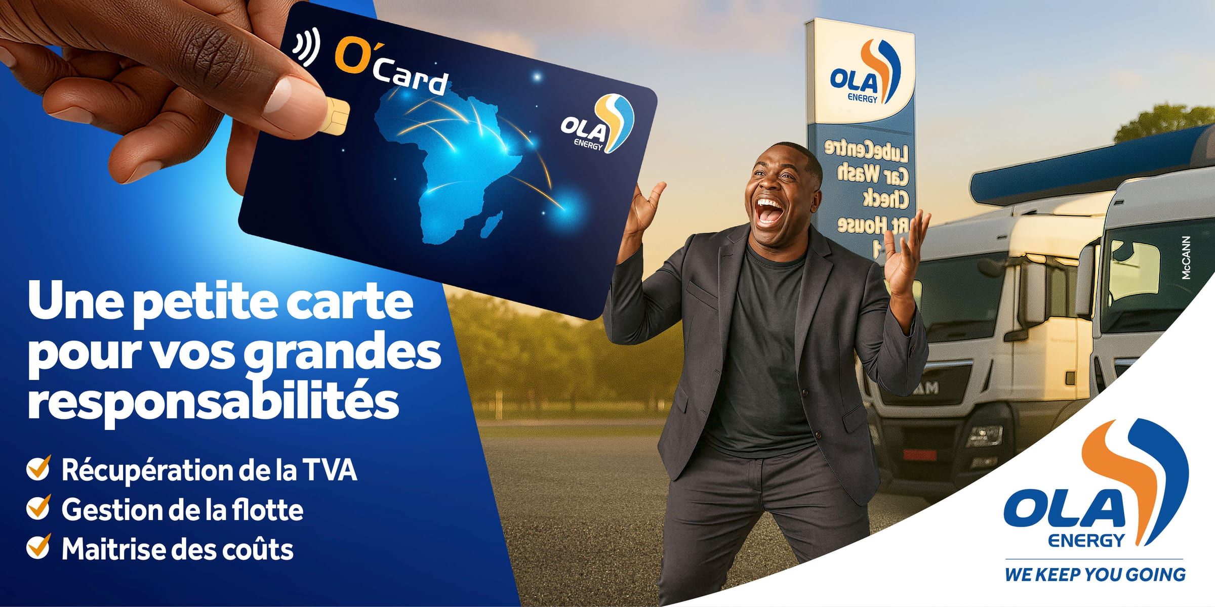 Affiche « Une petite carte pour vos grandes responsabilités » : une main tend la carte O'Card vers un homme ravi, devant des camions.
