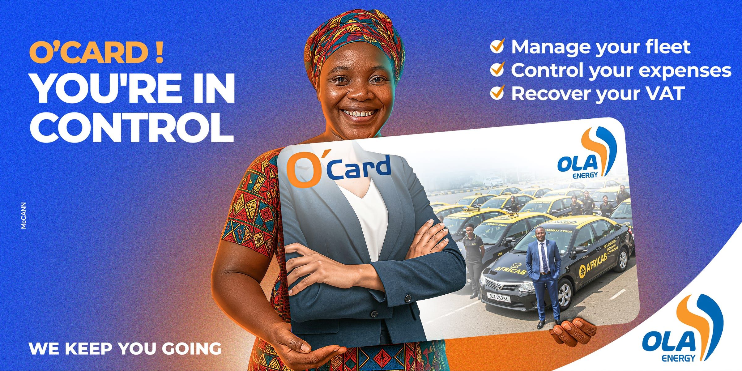 Affiche en anglais « O'Card! You're in control » : une femme en pagne présente une carte O'Card géante illustrée d'une flotte de taxis.