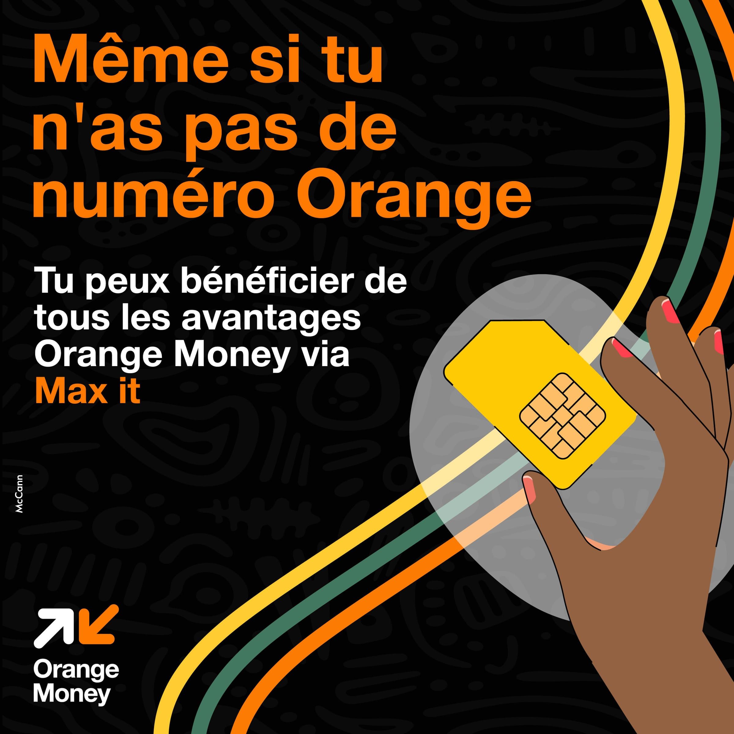 Visuel « Même si tu n'as pas de numéro Orange » : une main dessinée tient une carte SIM jaune au milieu de rubans colorés.