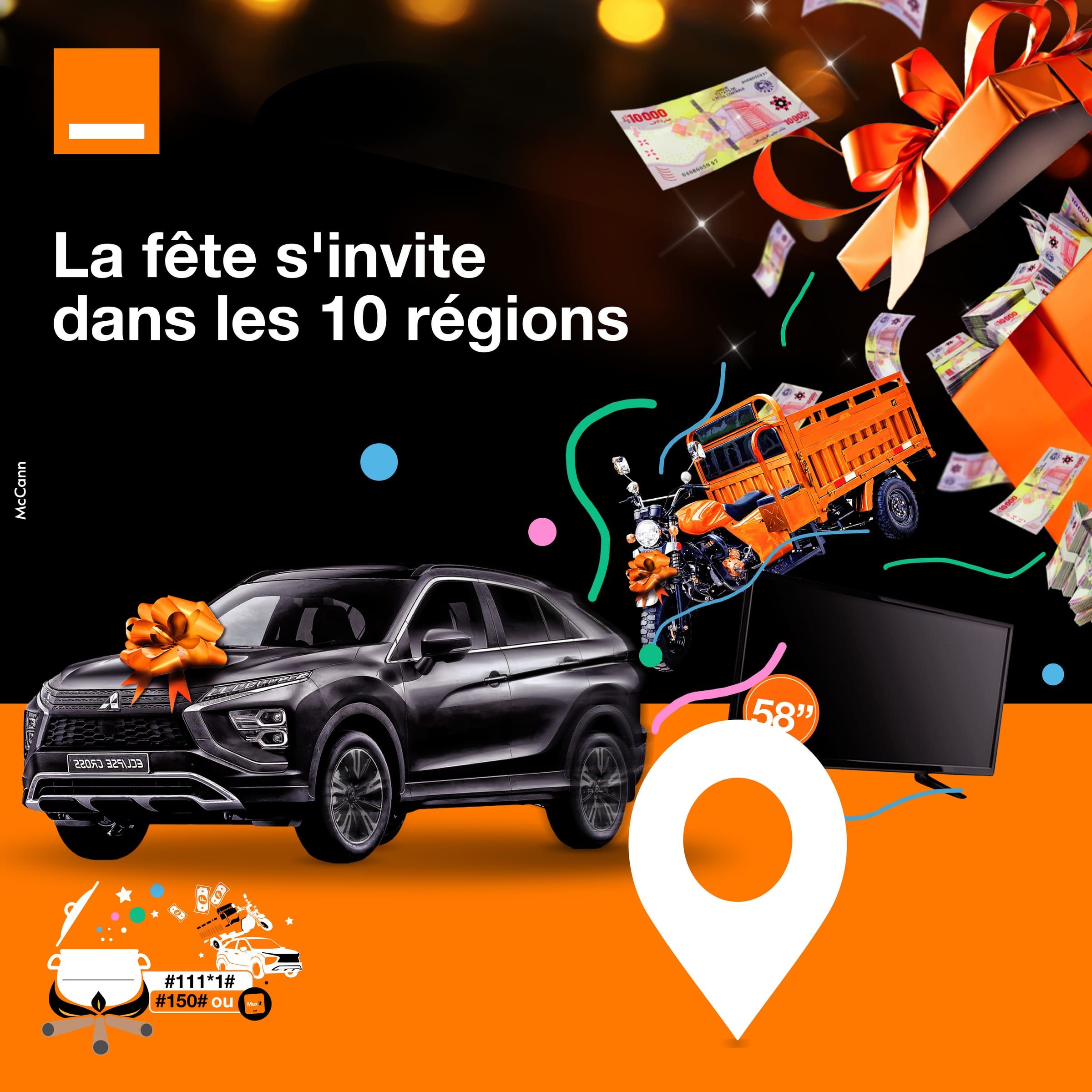 Visuel « La fête s'invite dans les 10 régions » : une voiture, un tricycle motorisé, un téléviseur et des cadeaux jaillissent au-dessus d'un repère de carte.