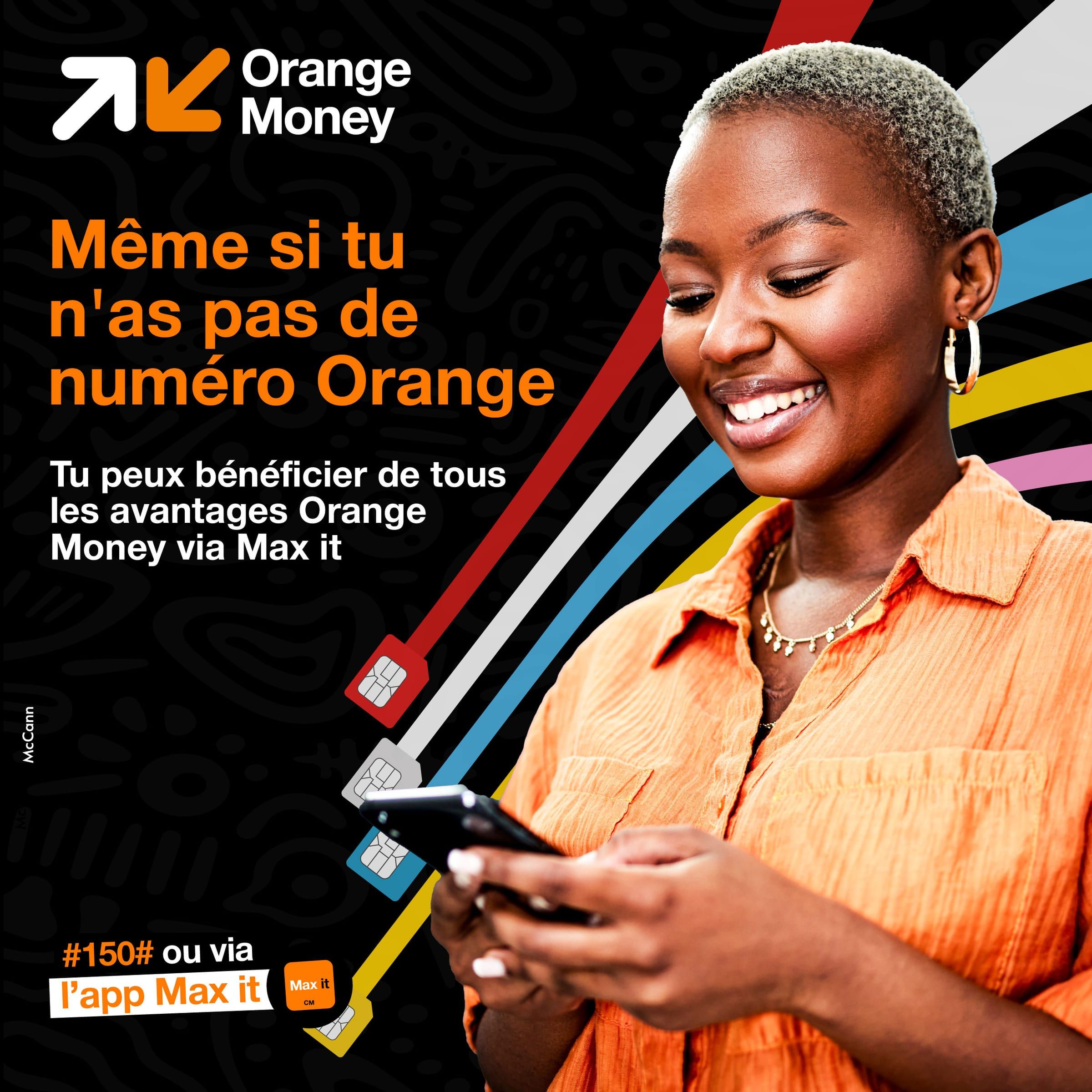 Visuel Orange Money « Même si tu n'as pas de numéro Orange » : une jeune femme sourit en consultant son téléphone, entourée de rubans colorés reliés à des cartes SIM.