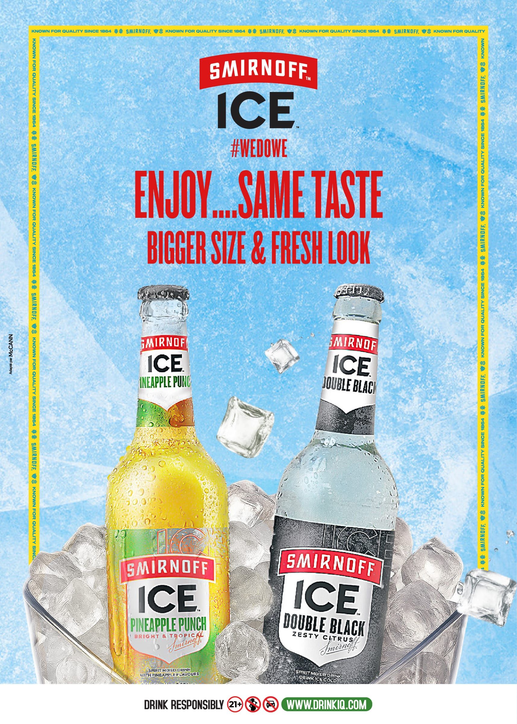Flyer Smirnoff Ice « Enjoy… same taste, bigger size & fresh look » : deux bouteilles dans un seau de glaçons.