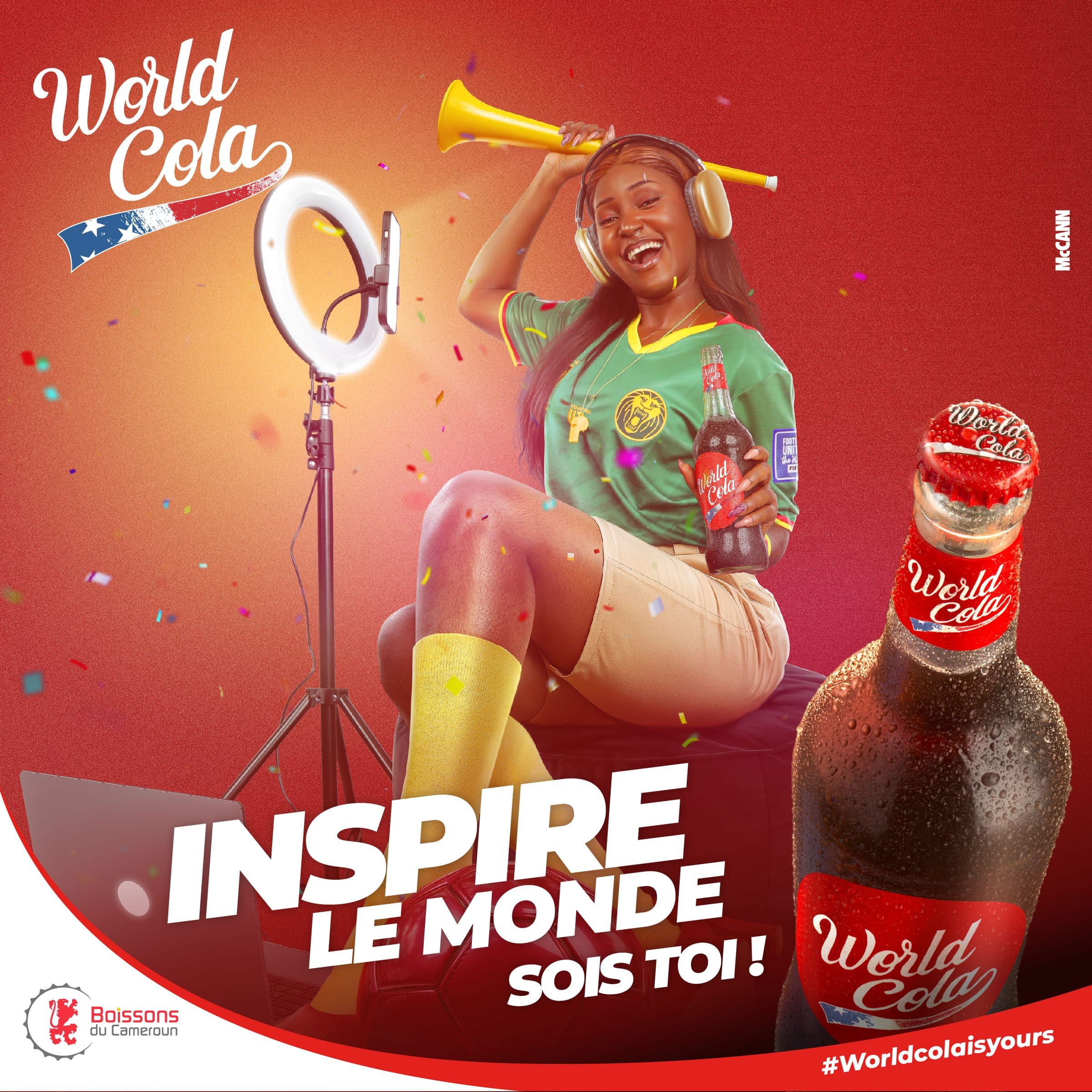 “Inspire le monde, sois toi !” visual: a fan in a green jersey, vuvuzela raised, films herself in front of a ring light, a bottle of World Cola in hand.