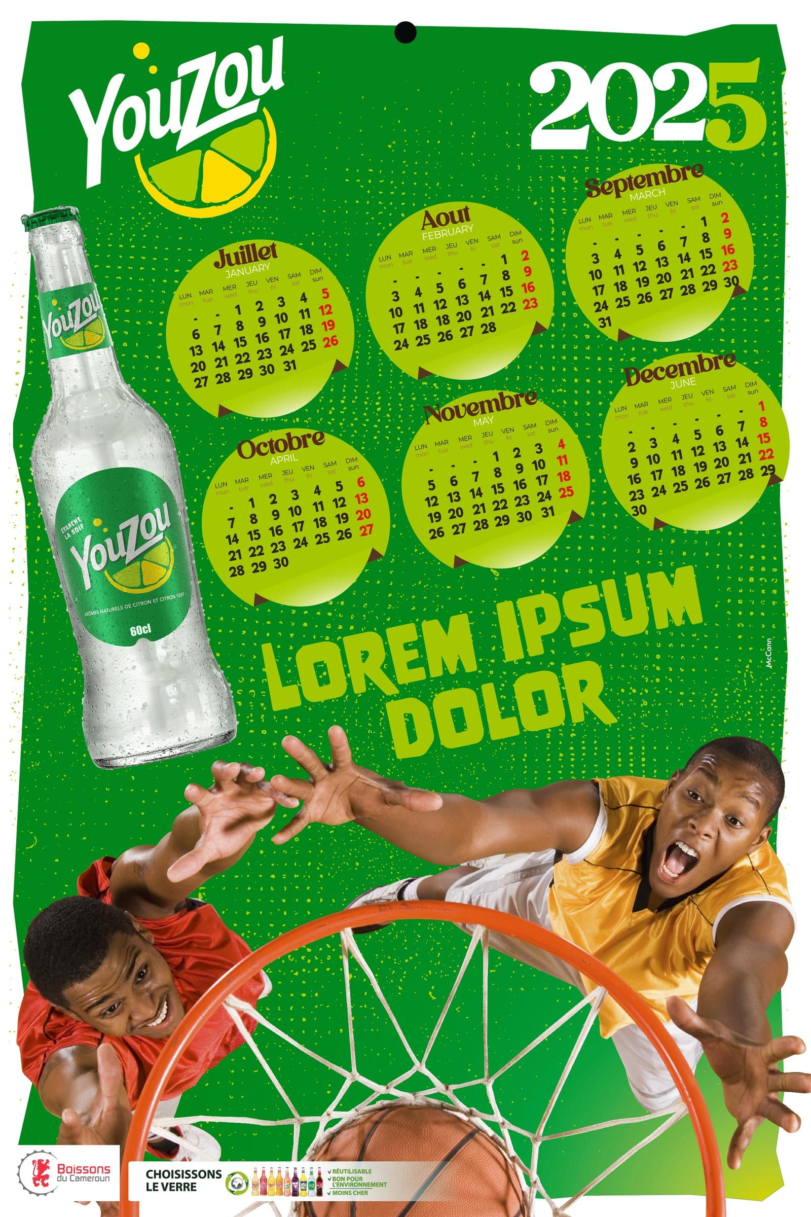 Page du calendrier YouZou 2025, de juillet à décembre : des joueurs de basket s'élèvent vers le panier.